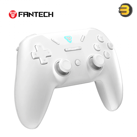 Fantech WGP12S Revolver III Arctic White gaming controller with Hall-Effect thumbsticks and triggers, 1000Hz polling rate, and 12 macro buttons
