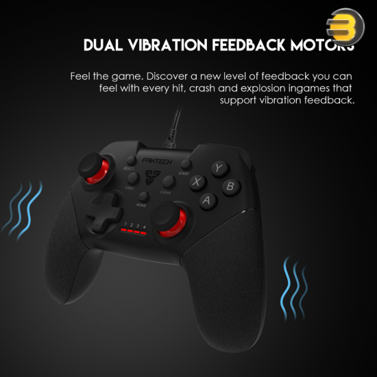 Fantech Shooter II GP13 black USB wired gaming controller with 19 action buttons, dual-motor vibration, 1.8m braided cable and ergonomic contoured grips