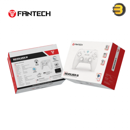 Fantech WGP12S Revolver III Arctic White gaming controller with Hall-Effect thumbsticks and triggers, 1000Hz polling rate, and 12 macro buttons