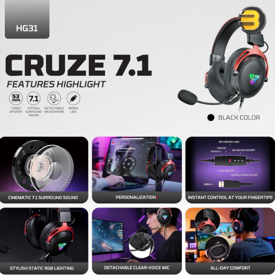 Fantech Cruize HG31 7.1 Gaming Headset – 53mm Drivers, USB-A Wired, Over-Ear, Omnidirectional Mic, 2.1m Braided Cable