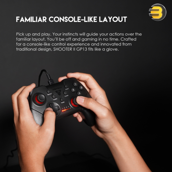 Fantech Shooter II GP13 black USB wired gaming controller with 19 action buttons, dual-motor vibration, 1.8m braided cable and ergonomic contoured grips