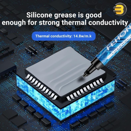 Fehonda TR50L Thermal Grease — 4g, 14.8 W/m·K, non‑conductive silicone‑based gray compound; 0.006 °C·in²/W thermal resistance, ≥6 kV/mm breakdown voltage, <0.5% evaporation, <0.015% oil permeability