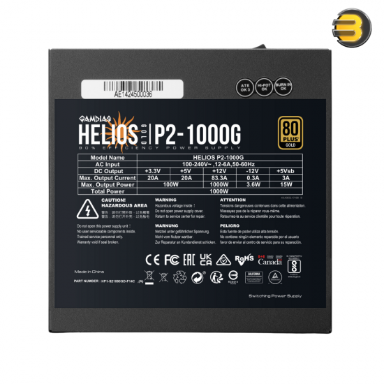 GAMDIAS HELIOS P2-1000G 1000W 80 Plus Gold — Fully Modular, ATX 3.1 & PCIe Gen 5.1 Ready, High Quality Capacitor, Automatic Fan Speed , Full DC-DC, LLC Resonant Circuit Design, OVP/UVP/OPP/SCP/OCP/OTP