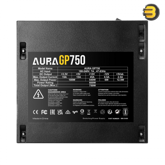 GAMDIAS AURA GP750 750W Power Supply — 120mm Hydraulic Bearing Fan, 1x 24-pin Main Connecter, Compatible with ATX12V v2.4