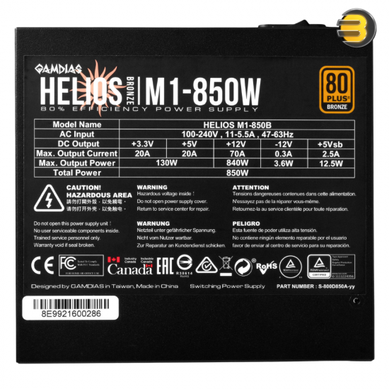 Gamdias Helios M1-850B 850W 80 Plus Bronze Power Supply — 85% Efficiency, High Quality Capacitors, Flat Cables, Automatic Fan Speed, OVP/UVP/OPP/SCP/OCP