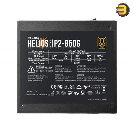 Gamdias HELIOS P2-850G 850W 80 PLUS Gold Non Modular ATX 3.1 Power Supply – Native 12VHPWR, PCIe Gen 5.1 Ready