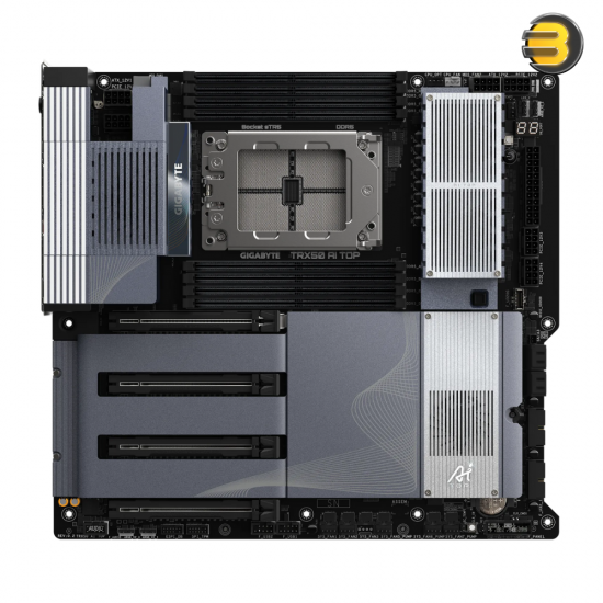 GIGABYTE TRX50 AI TOP E‑ATX sTR5 motherboard (AMD TRX50) — supports Ryzen Threadripper 7000/PRO 7000WX, 8‑channel DDR5 RDIMM up to 2TB, 4× PCIe 5.0 x16, 4× M.2 PCIe 5.0 x4, dual USB4 Type‑C, dual 10GbE LAN, Wi‑Fi 7/BT 5.3