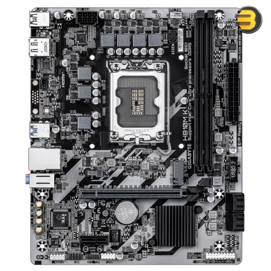 GIGABYTE H810M-K Micro ATX LGA1851 DDR5 Motherboard GIGABYTE H810M-K Micro ATX motherboard with LGA1851 socket, DDR5 slots, M.2 NVMe slot and DisplayPort 2.1 / HDMI 2.1 outputs