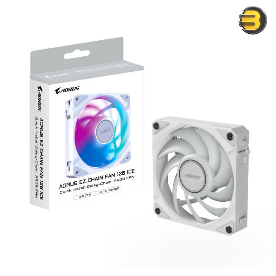 AORUS EZ CHAIN FAN 120 ICE – 120mm ARGB fan with DIY-friendly slide-in daisy-chain design, optimized blades for high airflow & low noise, universal RPM control, supports AORUS WATERFORCE RGB sync