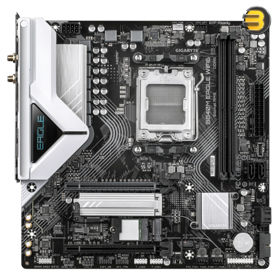 GIGABYTE B840M EAGLE WIFI6  — AM5, B840 chipset, Micro‑ATX, DDR5, Wi‑Fi 6 + BT 5.3, 2.5GbE LAN, PCIe 4.0 x16, 2× M.2 (PCIe 4.0/3.0), 4× SATA 6Gb/s, HDMI 2.1 & DP 1.4, USB 3.2 Gen1, Q‑Flash Plus
