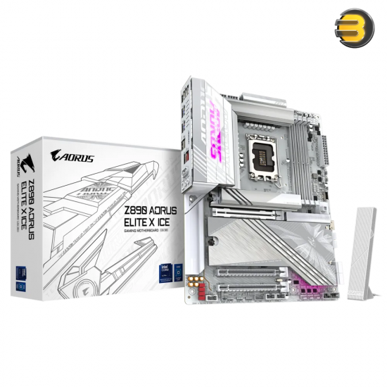 Gigabyte Z890 AORUS ELITE X ICE - Intel® Core™ Ultra Series 2 mobo with Digital Twin 16+1+2 VRM, DDR5 (4 DIMMs, XMP), D5 Bionic Corsa, AI SNATCH & Perfdrive, WIFI EZ-Plug, EZ-Latch Plus/Click, 5x M.2 (1 PCIe 5.0 x4), 2.5GbE LAN, Wi-Fi 7, TB4, ALC1220