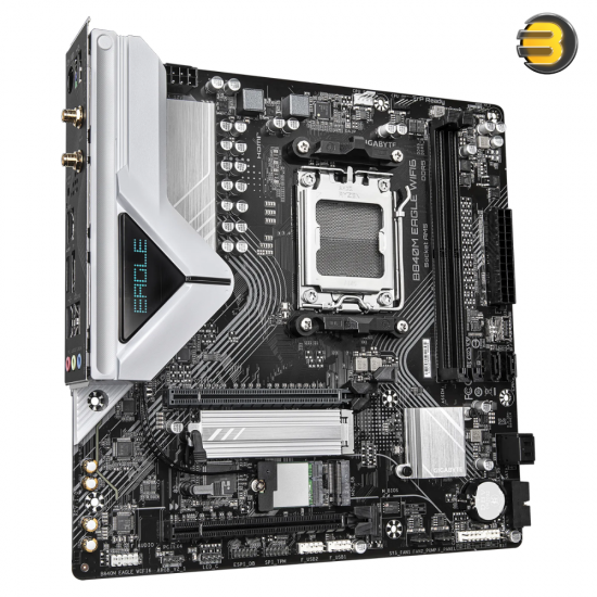 GIGABYTE B840M EAGLE WIFI6  — AM5, B840 chipset, Micro‑ATX, DDR5, Wi‑Fi 6 + BT 5.3, 2.5GbE LAN, PCIe 4.0 x16, 2× M.2 (PCIe 4.0/3.0), 4× SATA 6Gb/s, HDMI 2.1 & DP 1.4, USB 3.2 Gen1, Q‑Flash Plus
