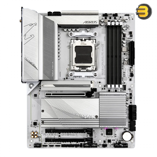 GIGABYTE B650 AORUS Elite AX ICE — AM5, LGA 1718, AMD, B650, ATX, DDR5, Triple M.2, PCIe 5.0, USB 3.2 Gen2X2 Type-C, WiFi 6E/ 2.5GbE LAN, Snow White, EZ-Latch