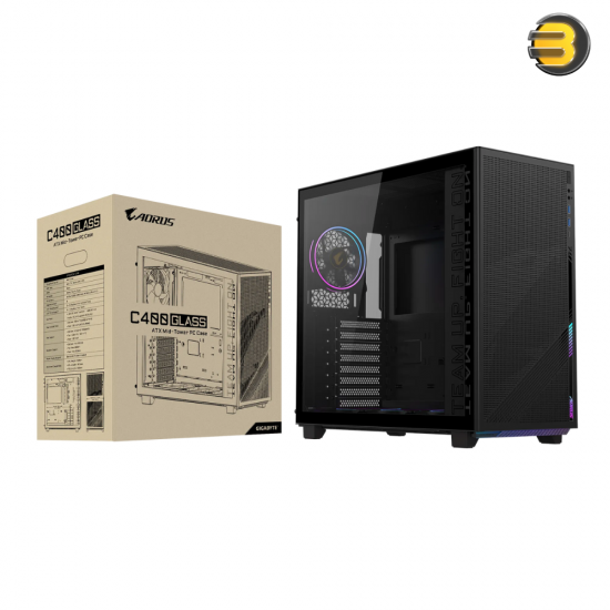 GIGABYTE AORUS C400 GLASS 4 ARGB PWM FANS — Optimized Vertical Airflow, ATX Motherboard, RGB Fusion with ARGB Connector Hub, Vertical GPU Installation, Tempered Glass Side Panel, USB 3.0 x2 and USB 3.2 Gen2 Type-C x1 on I/O panel