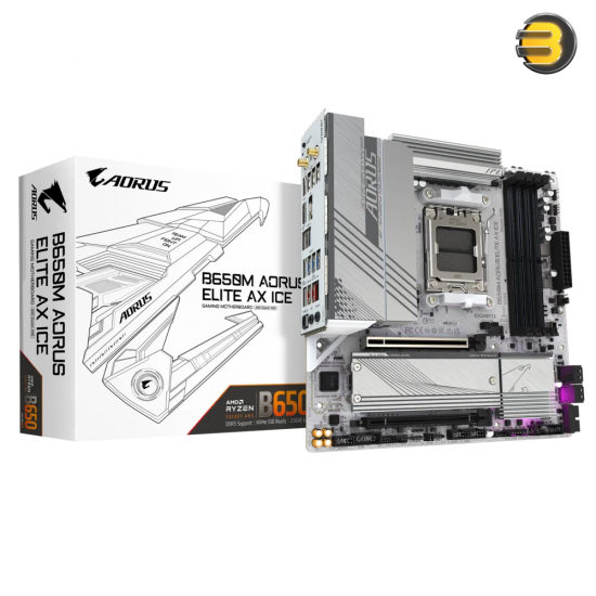 GIGABYTE B650M AORUS Elite AX ICE AM5 LGA 1718 AMD B650 M-ATX Motherboard — DDR5, 2* M.2, PCIe 5.0, USB 3.2 Gen2X2 Type-C, 2.5GbE LAN, Q-Flash Plus, EZ-Latch