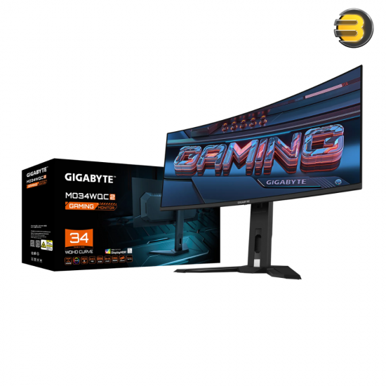 Gigabyte MO34WQC2 34 Inch OLED WQHD Curved Gaming Monitor — 3440 x 1440, 240Hz, 0.03ms, KVM, 250 cd/m², FreeSync Premium Pro, DisplayHDR True Black 400, HDMI 2.1, Displayport 1.4