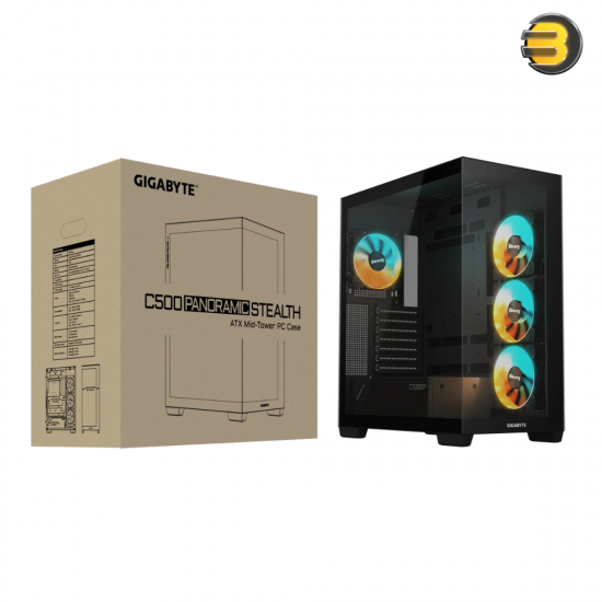 GIGABYTE C500 PANORAMIC STEALTH 4 ARGB FANS — Panoramic Tempered Glass, Optimized Airflow, RGB Fusion with ARGB Connector Hub, Vertical GPU Installation, USB 3.0 x2 and USB 3.2 Gen2 Type-C x1 on I/O panel