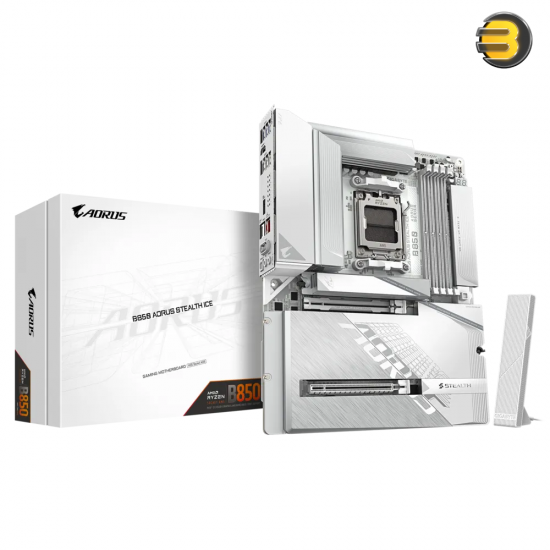 GIGABYTE B850 AORUS STEALTH ICE ATX AM5 DDR5 Motherboard — Wi‑Fi 7, PCIe 5.0 x16, PCIe 5.0 M.2, multiple M.2 slots with Thermal Guard, 2.5GbE LAN, USB‑C 20Gbps, Q‑Flash Plus, stealth cable‑routing design