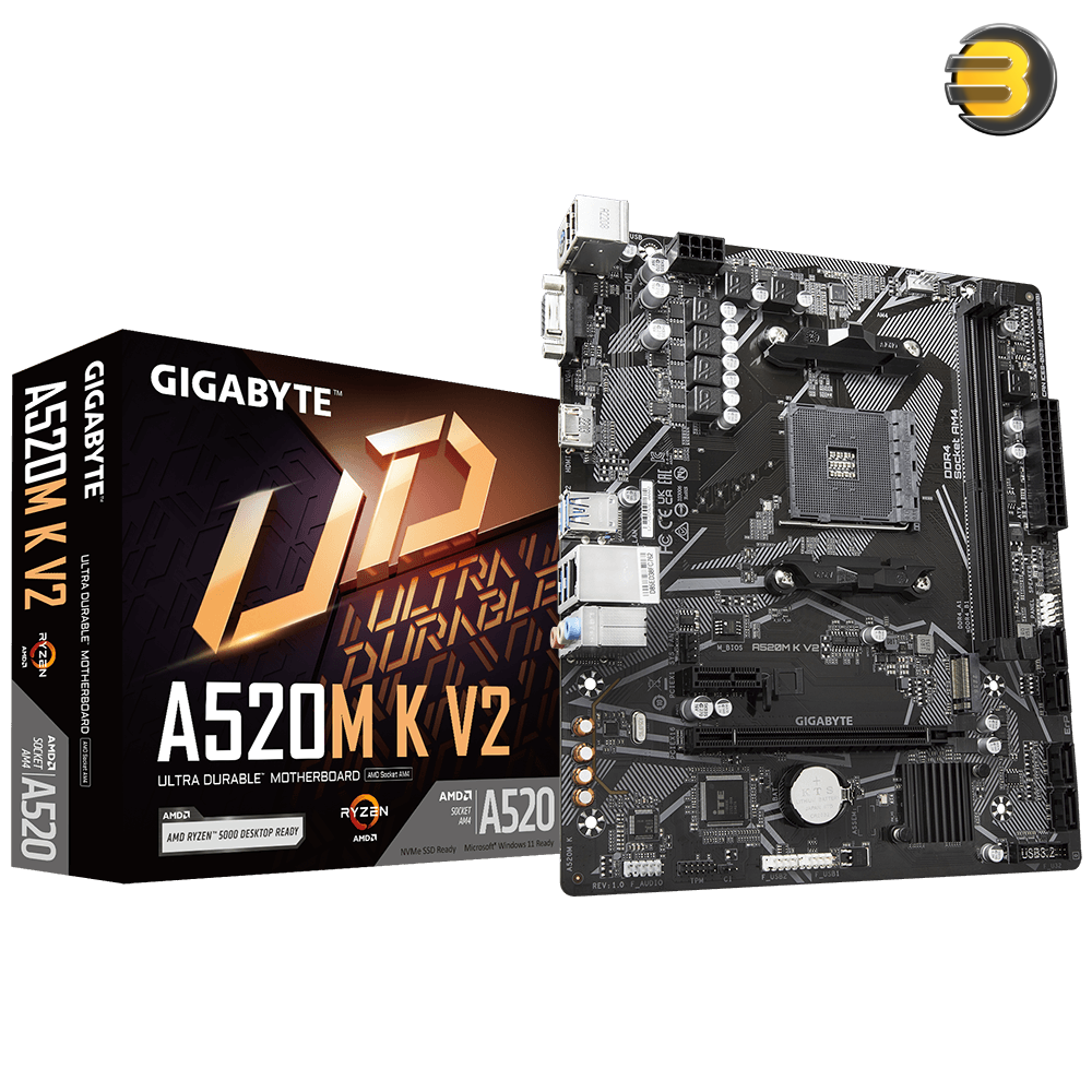 GIGABYTE A520M K V2 - AMD AM4 Motherboard, Dual Channel DDR4, PCIe Gen3 x4 M.2, GbE LAN, 8-Channel HD Audio, HDMI/D-Sub, Smart Fan 5