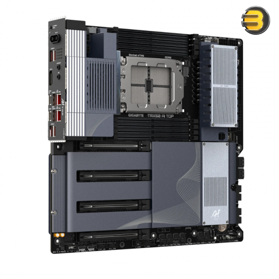 GIGABYTE TRX50 AI TOP E‑ATX sTR5 motherboard (AMD TRX50) — supports Ryzen Threadripper 7000/PRO 7000WX, 8‑channel DDR5 RDIMM up to 2TB, 4× PCIe 5.0 x16, 4× M.2 PCIe 5.0 x4, dual USB4 Type‑C, dual 10GbE LAN, Wi‑Fi 7/BT 5.3