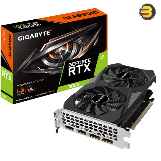 GIGABYTE GeForce RTX 3050 WINDFORCE OC V2 6G — 6GB GDDR6, 96‑bit, 1477 MHz OC, 2304 CUDA, PCIe 4.0 x8, 2× HDMI 2.1 + 2× DP 1.4a, dual‑fan, 191 mm, no external power GIGABYTE GeForce RTX 3050 WINDFORCE OC V2 6G — 6GB GDDR6, 96‑bit, 1477 MHz OC, 2304 CUDA, PCIe 4.0 x8, 2× HDMI 2.1 + 2× DP 1.4a, dual‑fan, 191 mm, no external power