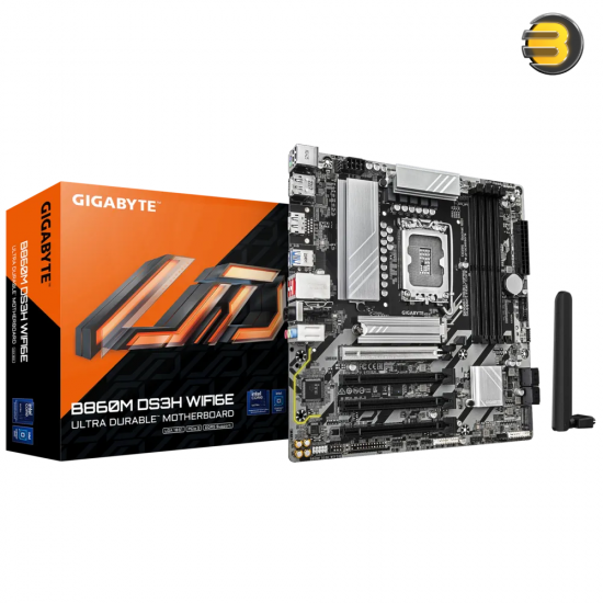 GIGABYTE B860M DS3H WIFI6E - Intel® Core™ Ultra (S2) mobo, Hybrid 5+1+2 VRM, D5 Bionic Corsa, AI Perfdrive, WIFI EZ-Plug, EZ-Latch PCIe x16, 2x M.2 (1 PCIe5.0x4), 2.5GbE LAN & Wi‑Fi6E, 2x DP, HDMI