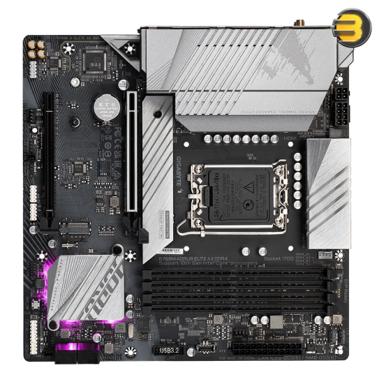 GIGABYTE B760M AORUS ELITE AX DDR4 Intel LGA 1700 m-ATX Motherboard, 4x DDR4 ~128GB, 2x PCI-E x16, 2x M.2, 4x SATA, 4x USB 3.2, 1x USB-C, 4x USB 2.0