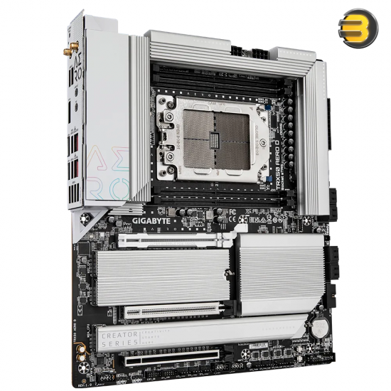GIGABYTE TRX50 AERO D, E‑ATX sTR5 motherboard AMD TRX50 — supports Ryzen Threadripper 7000/PRO 7000WX, quad‑channel DDR5 RDIMM up to 1TB, 3× PCIe (2×5.0 x16 + 1×4.0 x16), 4× M.2 (3×5.0 x4 + 1×4.0 x4), dual USB4, 10GbE + 2.5GbE, Wi‑Fi 7/BT 5.3