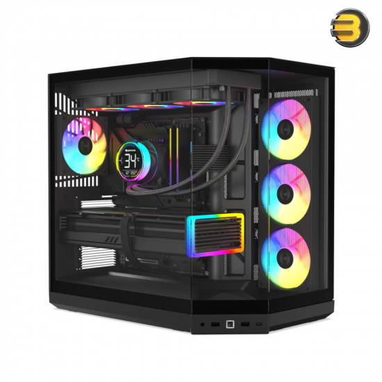 HYTE Y50 RGB Pitch Black dual chamber ATX PC case with 3-piece panoramic tempered glass, included 360mm single-frame ARGB fan, and rear-connect motherboard support