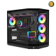 HYTE Y50 RGB Pitch Black dual chamber ATX PC case with 3-piece panoramic tempered glass, included 360mm single-frame ARGB fan, and rear-connect motherboard support