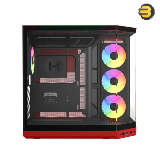 HYTE Y50 RGB Black Cherry dual chamber ATX PC case with 3-piece panoramic tempered glass, included 360mm single-frame ARGB fan, and rear-connect motherboard support