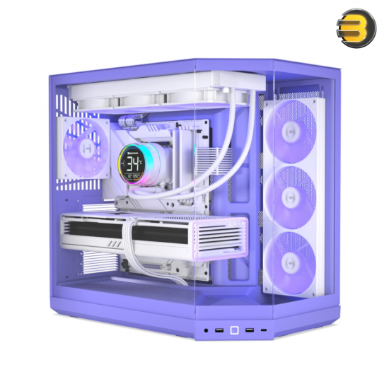 HYTE Y50 RGB Taro Milk Pastel Purple Dual Chamber ATX PC Case HYTE Y50 RGB Taro Milk Pastel Purple dual chamber ATX PC case with 3-piece panoramic tempered glass, included FE12RTR 360mm single-frame ARGB fan, and rear-connect support