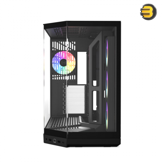 HYTE Y50 RGB Pitch Black dual chamber ATX PC case with 3-piece panoramic tempered glass, included 360mm single-frame ARGB fan, and rear-connect motherboard support