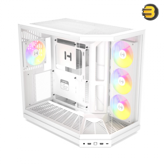 HYTE Y50 RGB Snow White dual chamber ATX PC case with 3-piece panoramic tempered glass, included 360mm single-frame ARGB fan, and rear-connect motherboard support