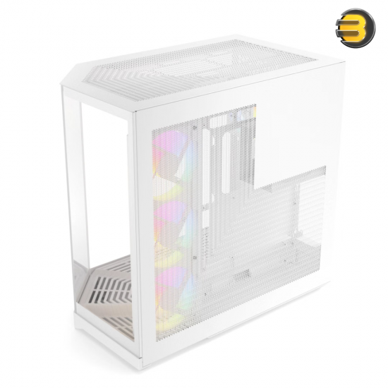 HYTE Y50 RGB Snow White dual chamber ATX PC case with 3-piece panoramic tempered glass, included 360mm single-frame ARGB fan, and rear-connect motherboard support