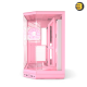 HYTE Y50 RGB Strawberry Milk Soft Pink dual chamber ATX PC case with 3-piece panoramic tempered glass, included 360mm single-frame ARGB fan, and rear-connect motherboard support