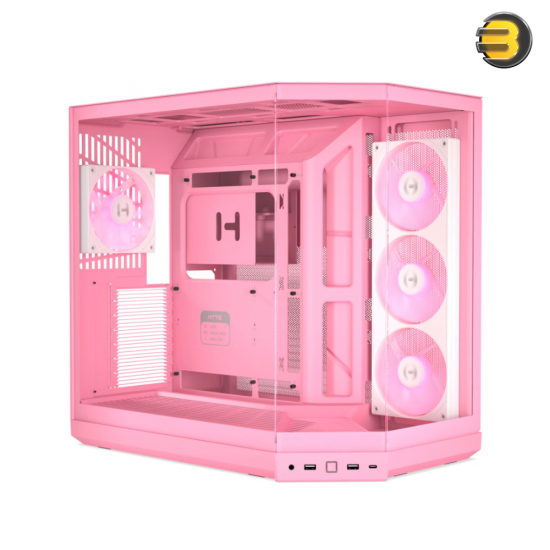 HYTE Y50 RGB Strawberry Milk Soft Pink dual chamber ATX PC case with 3-piece panoramic tempered glass, included 360mm single-frame ARGB fan, and rear-connect motherboard support