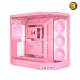 HYTE Y50 RGB Strawberry Milk Soft Pink dual chamber ATX PC case with 3-piece panoramic tempered glass, included 360mm single-frame ARGB fan, and rear-connect motherboard support