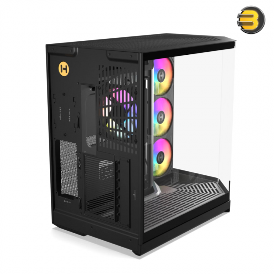 HYTE Y50 RGB Pitch Black dual chamber ATX PC case with 3-piece panoramic tempered glass, included 360mm single-frame ARGB fan, and rear-connect motherboard support