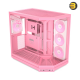 HYTE Y50 RGB Strawberry Milk Soft Pink dual chamber ATX PC case with 3-piece panoramic tempered glass, included 360mm single-frame ARGB fan, and rear-connect motherboard support