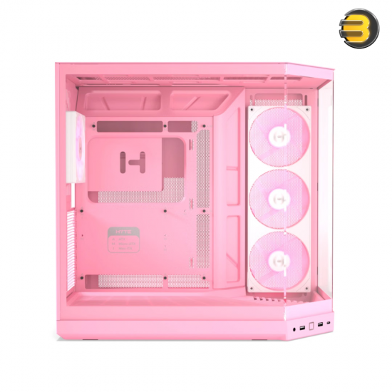HYTE Y50 RGB Strawberry Milk Soft Pink dual chamber ATX PC case with 3-piece panoramic tempered glass, included 360mm single-frame ARGB fan, and rear-connect motherboard support