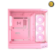 HYTE Y50 RGB Strawberry Milk Soft Pink dual chamber ATX PC case with 3-piece panoramic tempered glass, included 360mm single-frame ARGB fan, and rear-connect motherboard support
