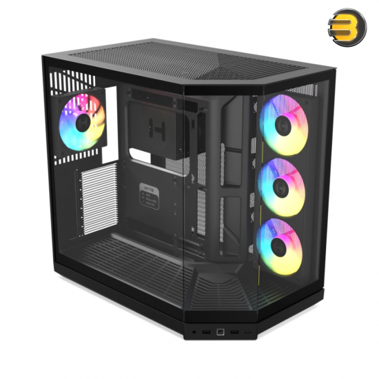 HYTE Y50 RGB Pitch Black dual chamber ATX PC case with 3-piece panoramic tempered glass, included 360mm single-frame ARGB fan, and rear-connect motherboard support