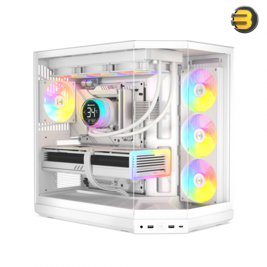 HYTE Y50 RGB Snow White dual chamber ATX PC case with 3-piece panoramic tempered glass, included 360mm single-frame ARGB fan, and rear-connect motherboard support