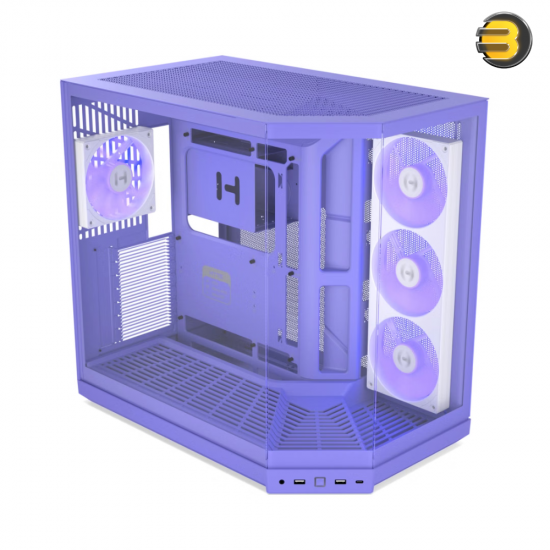 HYTE Y50 RGB Taro Milk Pastel Purple Dual Chamber ATX PC Case HYTE Y50 RGB Taro Milk Pastel Purple dual chamber ATX PC case with 3-piece panoramic tempered glass, included FE12RTR 360mm single-frame ARGB fan, and rear-connect support