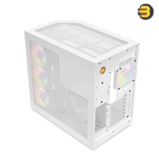 HYTE Y50 RGB Snow White dual chamber ATX PC case with 3-piece panoramic tempered glass, included 360mm single-frame ARGB fan, and rear-connect motherboard support