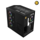 HYTE Y50 RGB Pitch Black dual chamber ATX PC case with 3-piece panoramic tempered glass, included 360mm single-frame ARGB fan, and rear-connect motherboard support