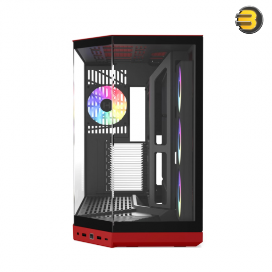 HYTE Y50 RGB Black Cherry dual chamber ATX PC case with 3-piece panoramic tempered glass, included 360mm single-frame ARGB fan, and rear-connect motherboard support