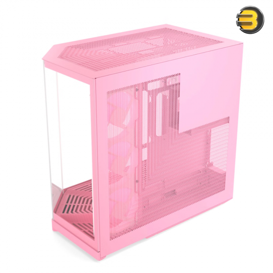 HYTE Y50 RGB Strawberry Milk Soft Pink dual chamber ATX PC case with 3-piece panoramic tempered glass, included 360mm single-frame ARGB fan, and rear-connect motherboard support