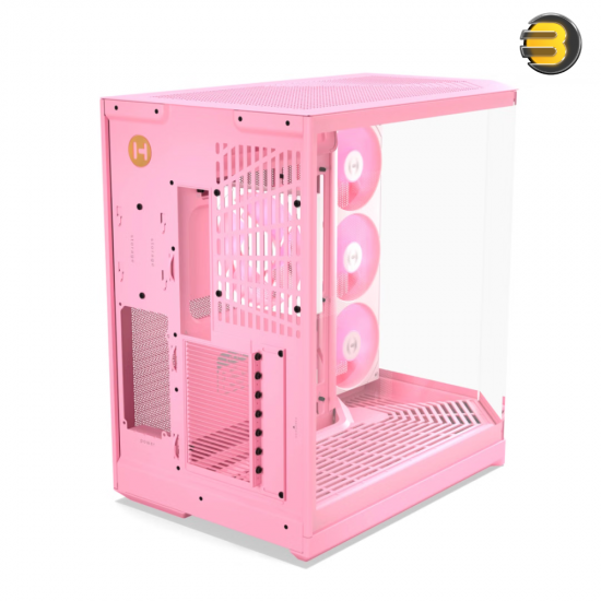 HYTE Y50 RGB Strawberry Milk Soft Pink dual chamber ATX PC case with 3-piece panoramic tempered glass, included 360mm single-frame ARGB fan, and rear-connect motherboard support